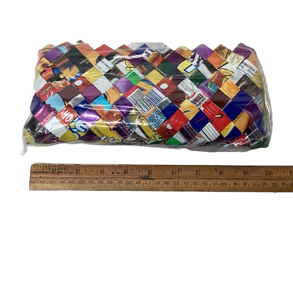 Nahui Ollin Woven Candy Wrapper Wristlet 10” Bag Clutch Purse Strap Multicolor - Picture 5 of 5